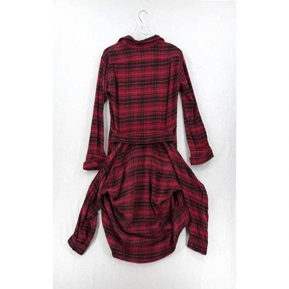 R13 Tie Flannel Midi Shirt Dress Women XS Red Black Plaid Grunge Asymmetric - Picture 6 of 16